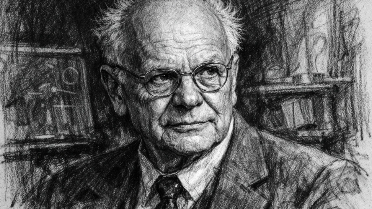 Portret Hansa Bethea u ugalj stil tehnici, crno-bijeli izraziti kontrasti koji naglašavaju lice i znanstveni karakter.
