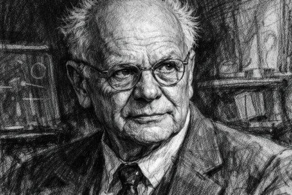 Portret Hansa Bethea u ugalj stil tehnici, crno-bijeli izraziti kontrasti koji naglašavaju lice i znanstveni karakter.
