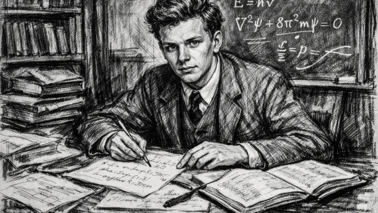 Mladi Hans Bethe tijekom studija, prikazan u ugalj stil crtežu s knjigama i bilješkama iz fizike.