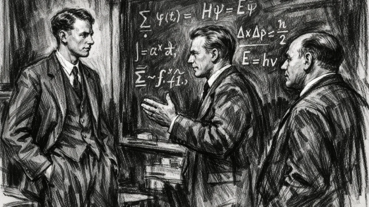 Znanstvena rasprava Hansa Bethea s kolegama fizičarima, prikazana u ugalj stil crtežu s pločom punom jednadžbi.