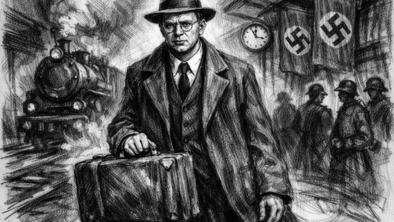 Hans Bethe u trenutku emigracije, emotivna scena u ugalj stil tehnici s jakim kontrastima.