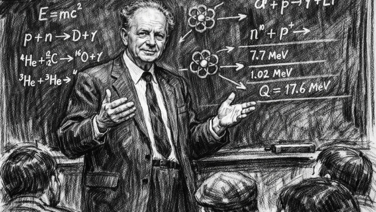Hans Bethe kao profesor na sveučilištu Cornell, prikazan u ugalj stil crtežu tijekom predavanja.