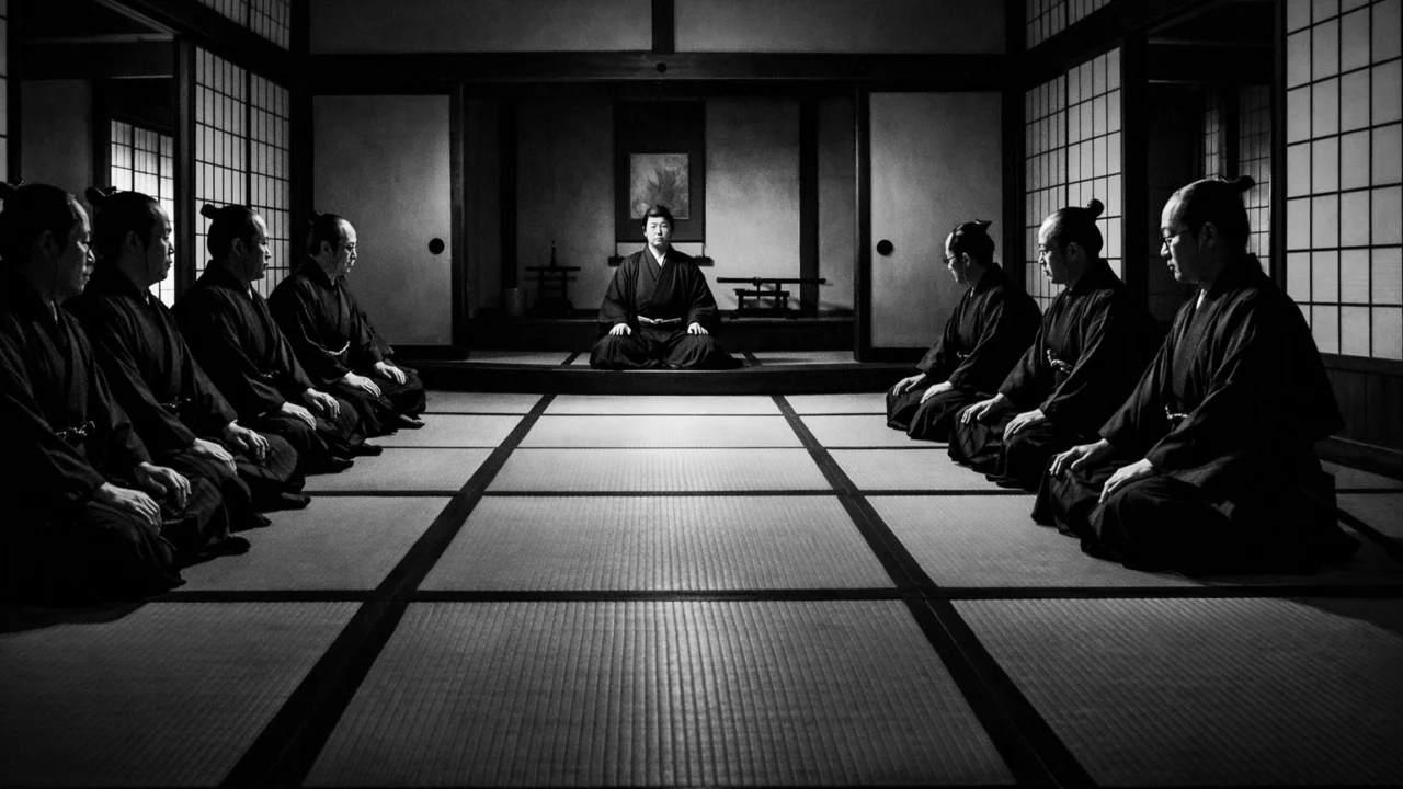 Unutrašnjost samurajske dvorane u Harakiriju, naglasak na birokraciju i strogu feudalnu hijerarhiju