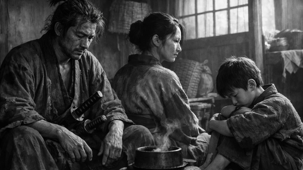 Flashback scena iz Harakirija koja prikazuje siromaštvo ronina i društvene posljedice feudalnog sustava