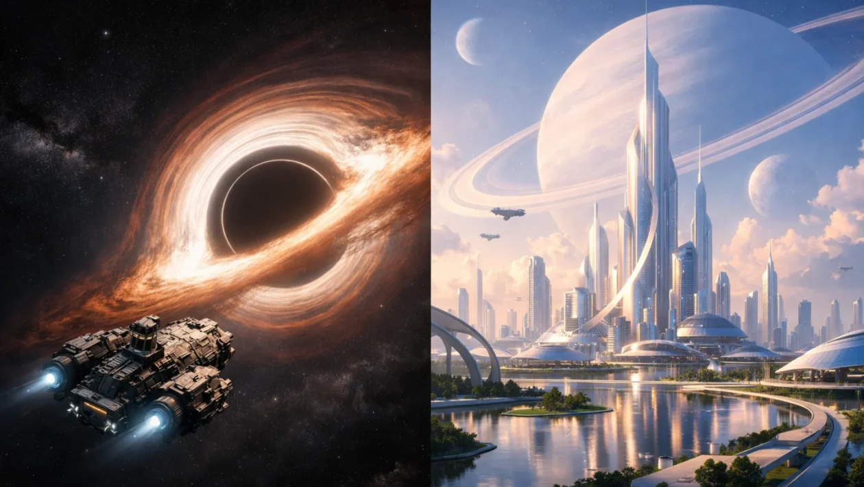 Vizualni prikaz razlike između hard sci-fi i soft sci-fi kroz znanstveno realistične i simbolične futurističke motive