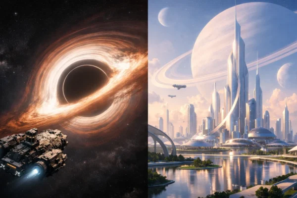 Vizualni prikaz razlike između hard sci-fi i soft sci-fi kroz znanstveno realistične i simbolične futurističke motive