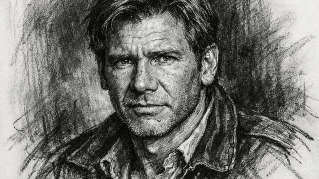 Portret Harrisona Forda u ugalj stilu, crno-bijeli izrazito kontrastni crtež prepoznatljivih crta lica.