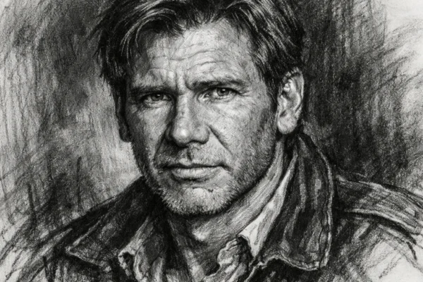 Portret Harrisona Forda u ugalj stilu, crno-bijeli izrazito kontrastni crtež prepoznatljivih crta lica.