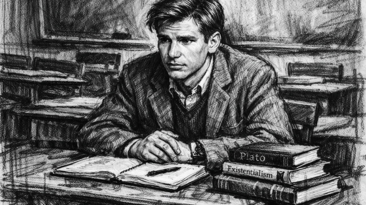 Mladi Harrison Ford kao student na fakultetu, prikazan u ugalj stilu u crno-bijelom crtežu.