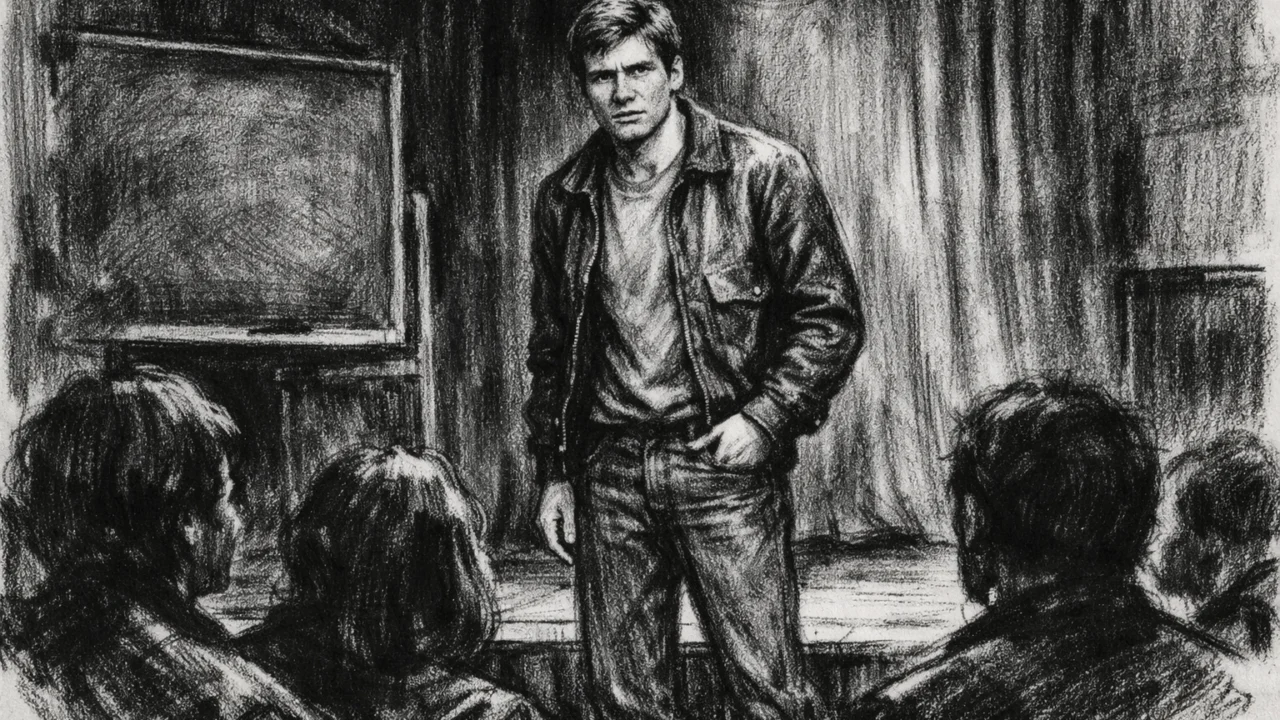 Harrison Ford na satu glume tijekom studija, prikazan u ugalj stilu s izraženim kontrastom.