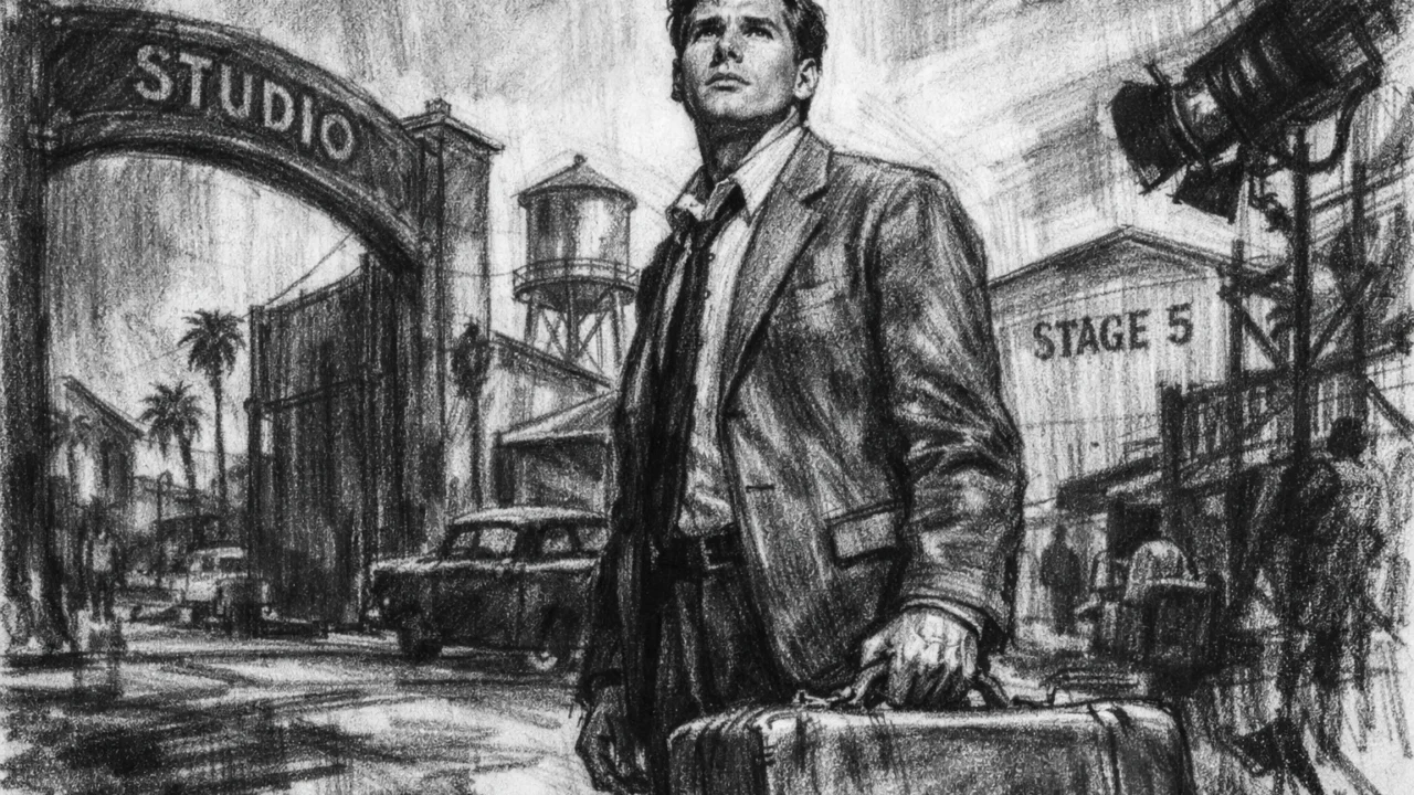 Dolazak Harrisona Forda u Los Angeles na početku karijere, umjetnički prikaz u ugalj stilu.