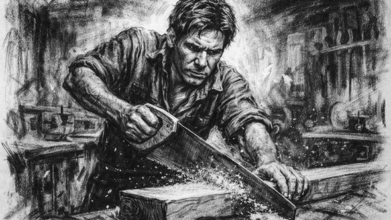 Harrison Ford kao stolar tijekom ranih dana karijere, prikazan u realističnom ugalj stilu.