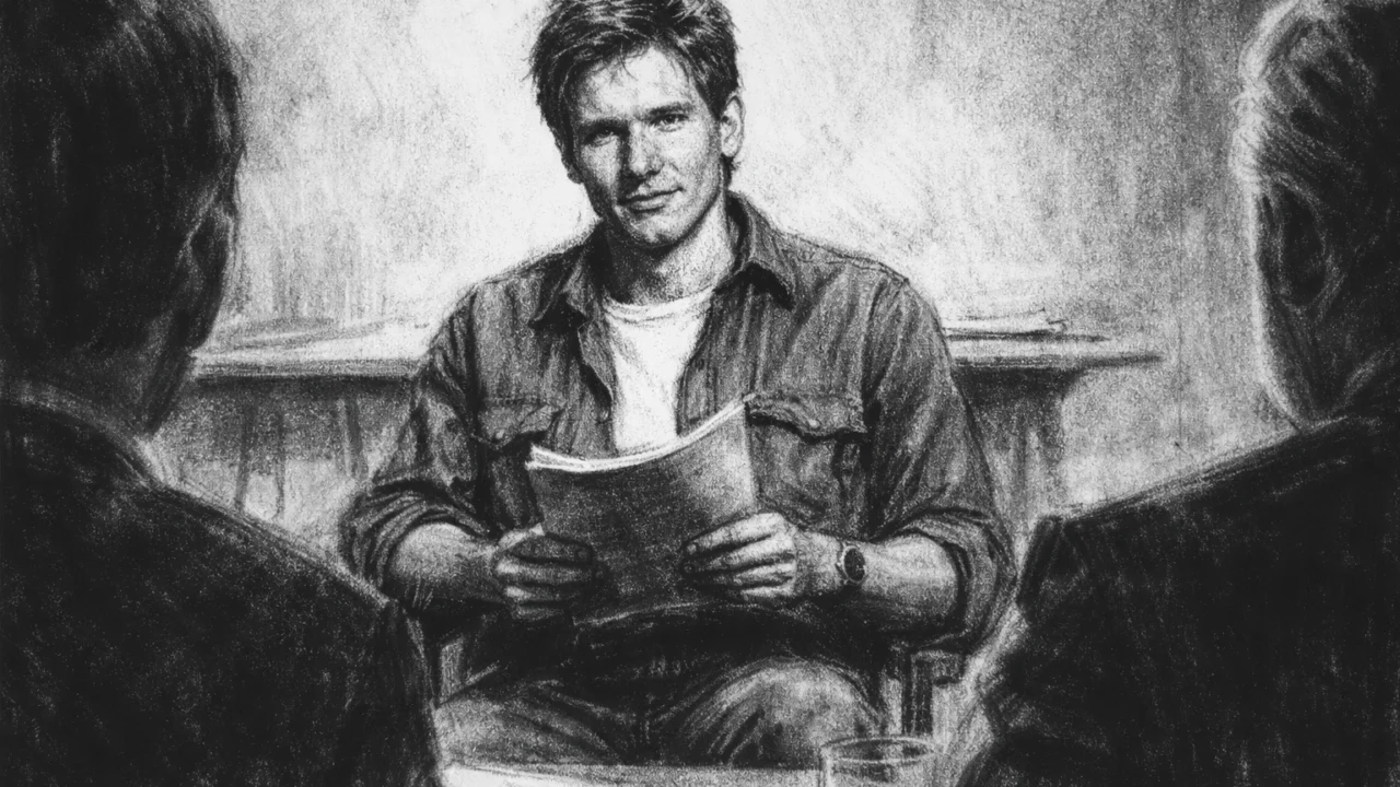 Rana audicija Harrisona Forda za filmsku ulogu, crno-bijeli crtež u ugalj stilu.