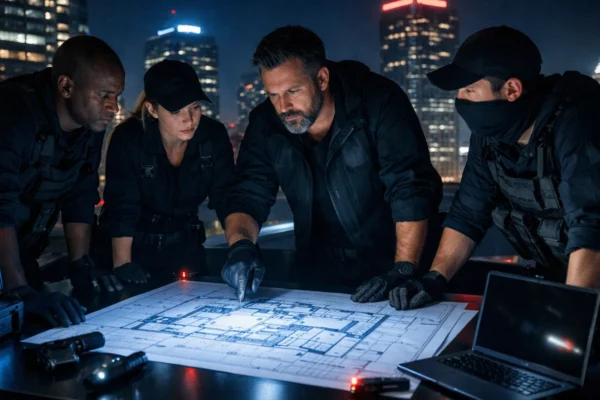 Tim u heist filmu planira pljačku u modernom gradu, vizualni prikaz timskog rada i strategije