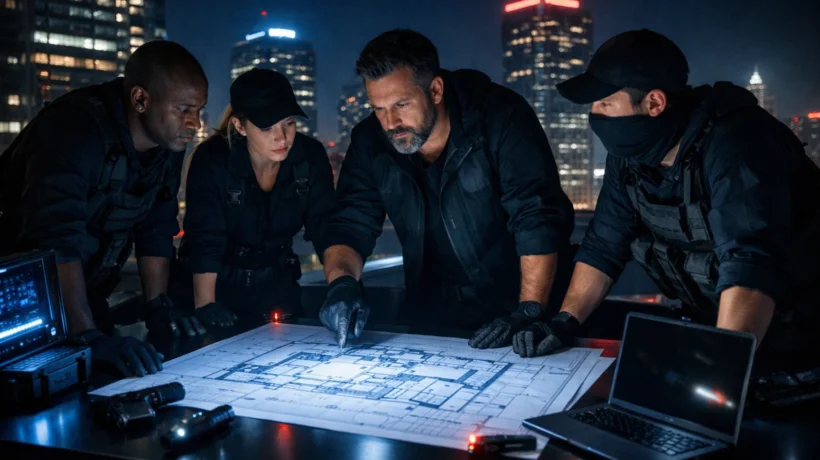 Tim u heist filmu planira pljačku u modernom gradu, vizualni prikaz timskog rada i strategije