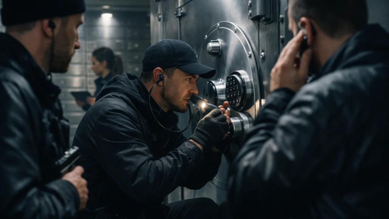 Izvedba pljačke u heist filmu, stručnjak otvara sef dok tim koordinira akciju