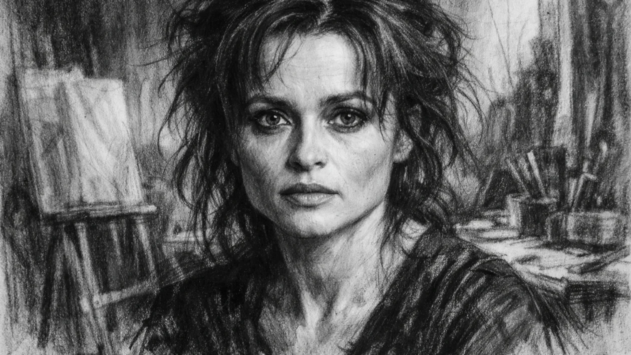 Hero portret Helene Bonham Carter u uglaj stil, crno-bijeli crtež s jakim kontrastom i izražajnim linijama