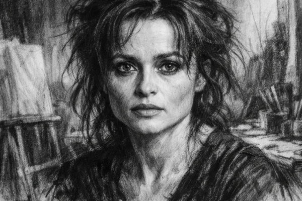 Hero portret Helene Bonham Carter u uglaj stil, crno-bijeli crtež s jakim kontrastom i izražajnim linijama