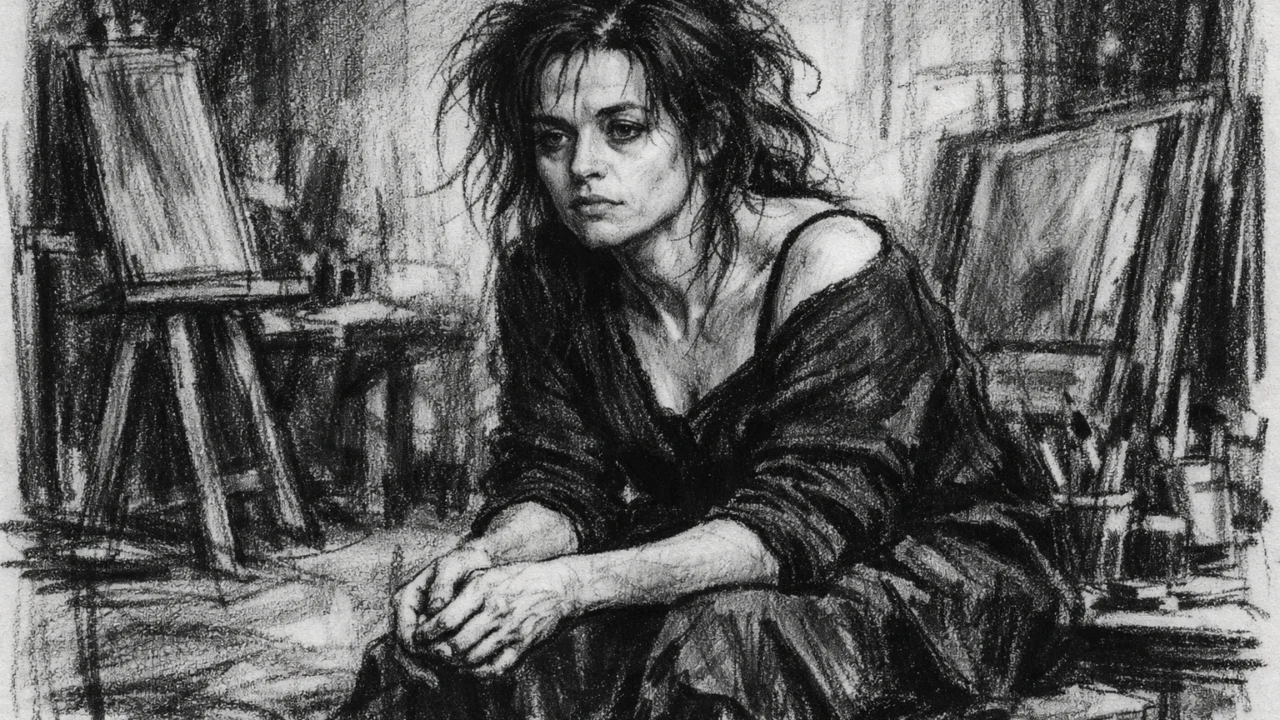 Intimni trenutak Helene Bonham Carter iza scene u uglaj stil, snažan emocionalni crno-bijeli crtež