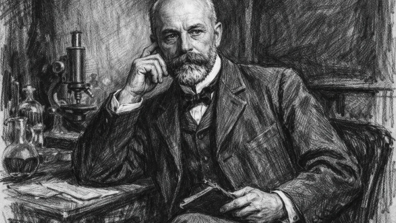 Portret Henrija Becquerela u ugalj stilu, crno-bijeli portret znanstvenika s izraženim kontrastom i detaljima lica.