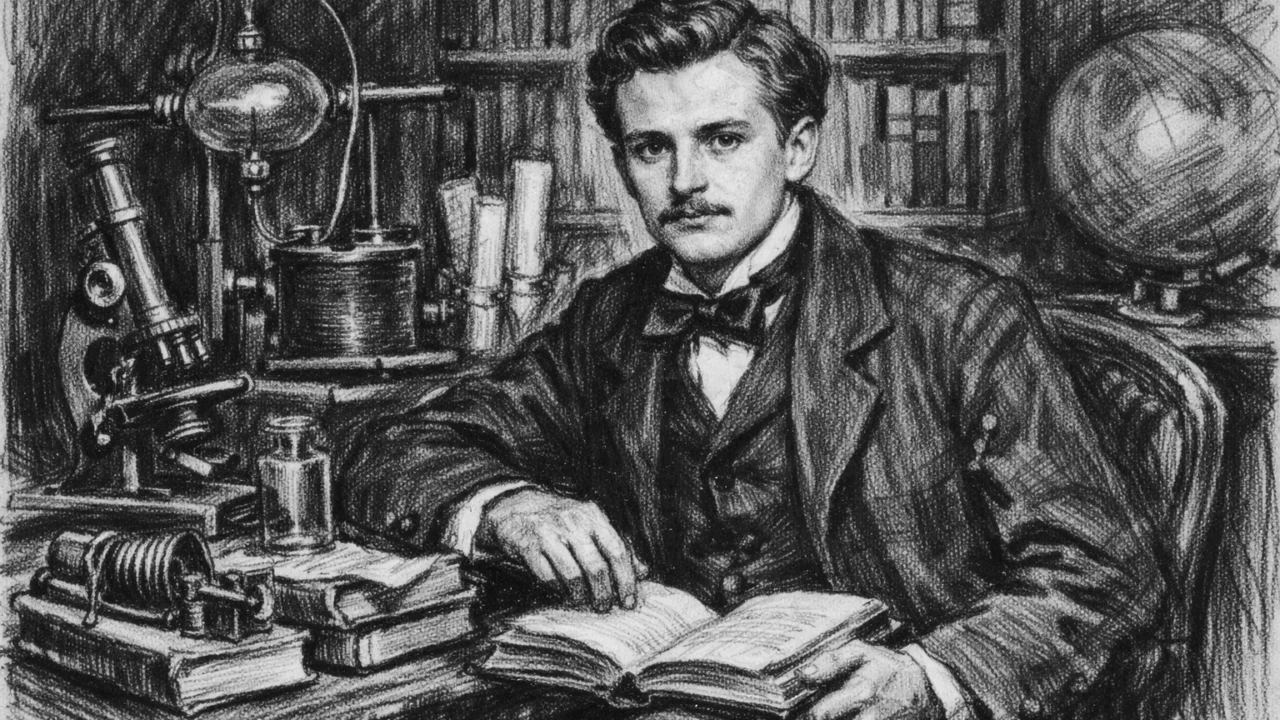 Mladi Henri Becquerel u obiteljskom znanstvenom okruženju, prikazan u ugalj stilu s knjigama i instrumentima.