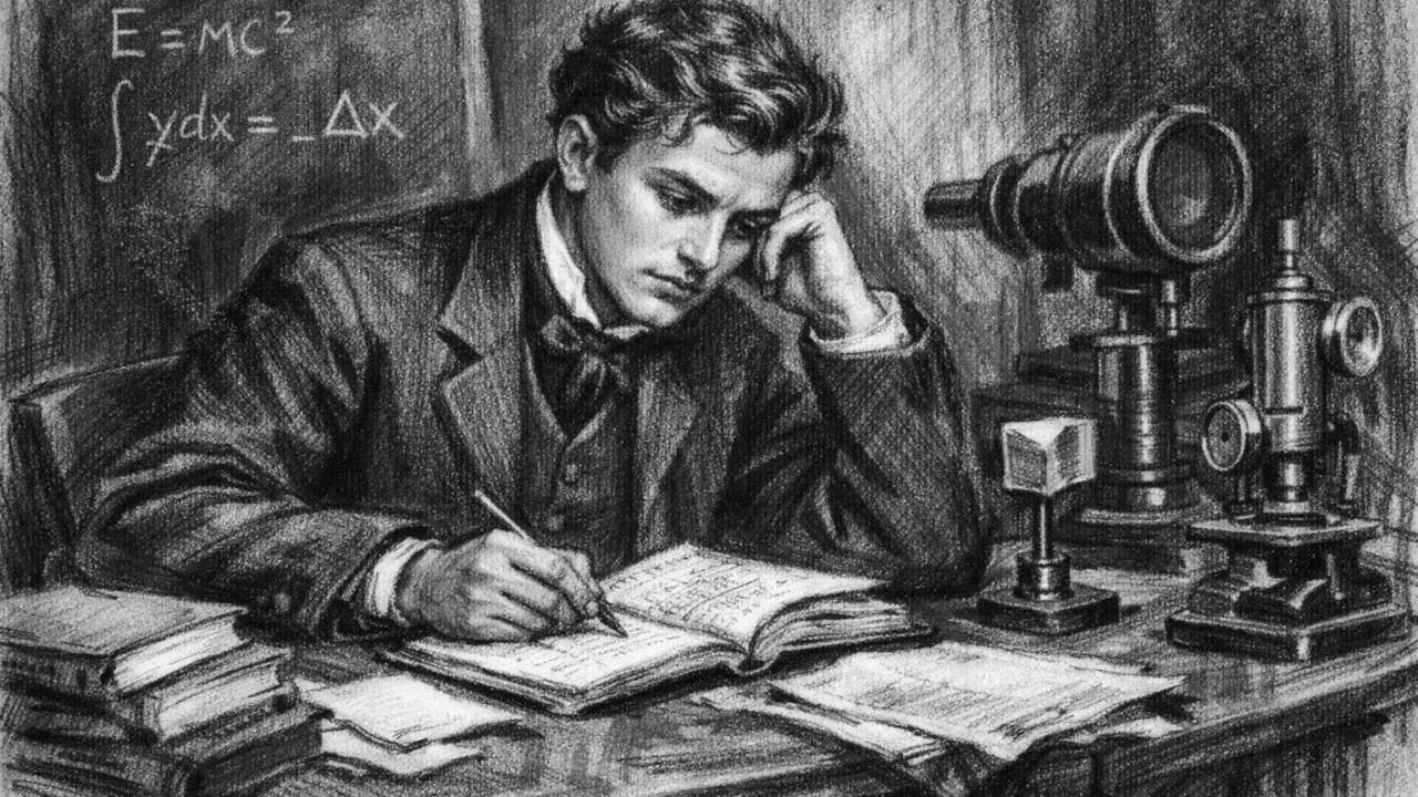 Henri Becquerel tijekom studija na École Polytechnique, prikazan u ugalj stilu s bilježnicama i znanstvenim priborom.