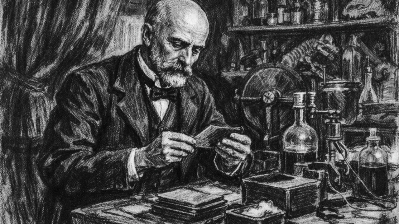 Henri Becquerel u laboratoriju Prirodoslovnog muzeja u Parizu, prikazan u ugalj stilu tijekom znanstvenog rada.