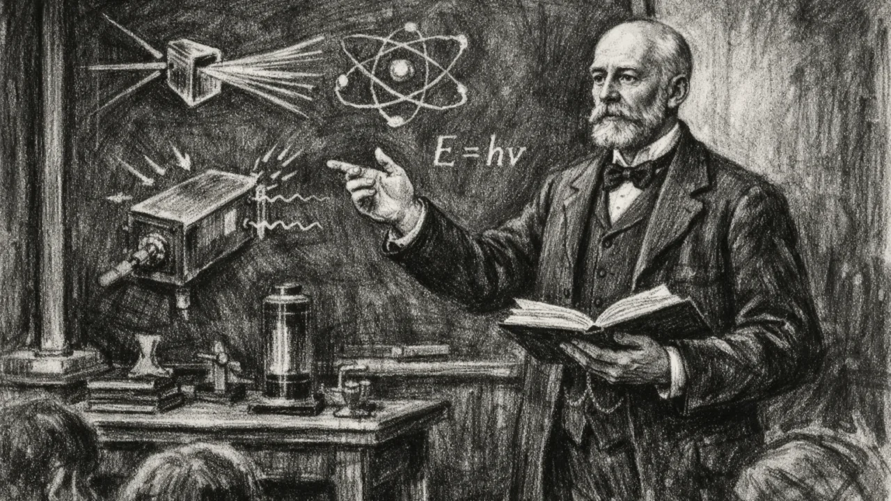 Henri Becquerel predaje studentima fiziku, scena u ugalj stilu s pločom i dijagramima.