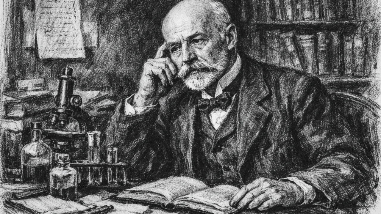 Zreli Henri Becquerel u svom radnom prostoru, zamišljen i okružen bilješkama, prikazan u ugalj stilu.