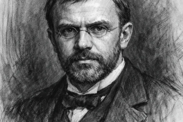 Portret Henrija Poincaréa u ugalj stilu, crno-bijeli umjetnički prikaz znanstvenika s izražajnim linijama.