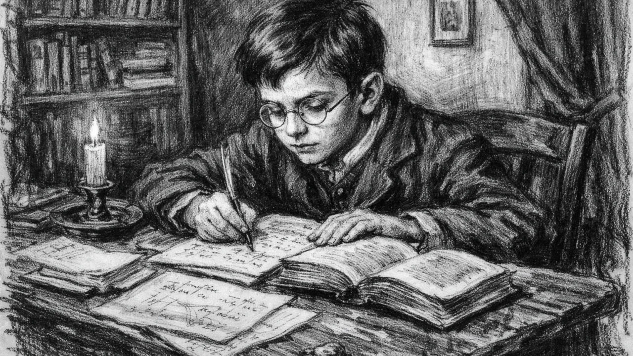 Mladi Henri Poincaré u djetinjstvu kako uči matematiku, prikazano u ugalj stilu s visokim kontrastom.