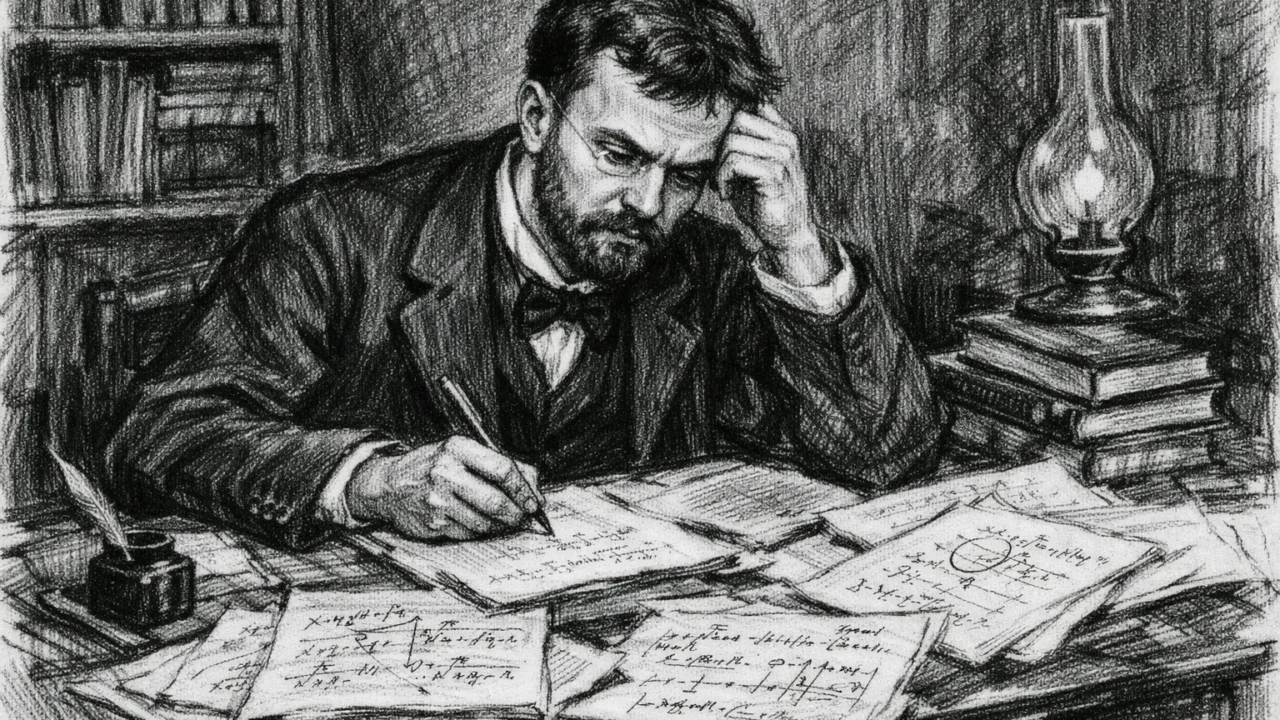 Henri Poincaré dok piše doktorsku disertaciju iz matematike, ilustrirano u ugalj stilu.