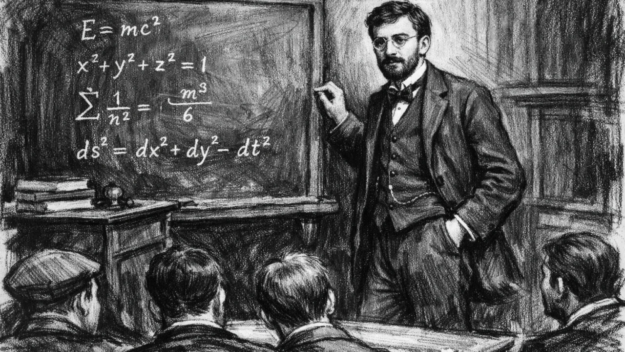 Henri Poincaré kao mladi predavač matematike na sveučilištu, prikazan u ugalj stilu.