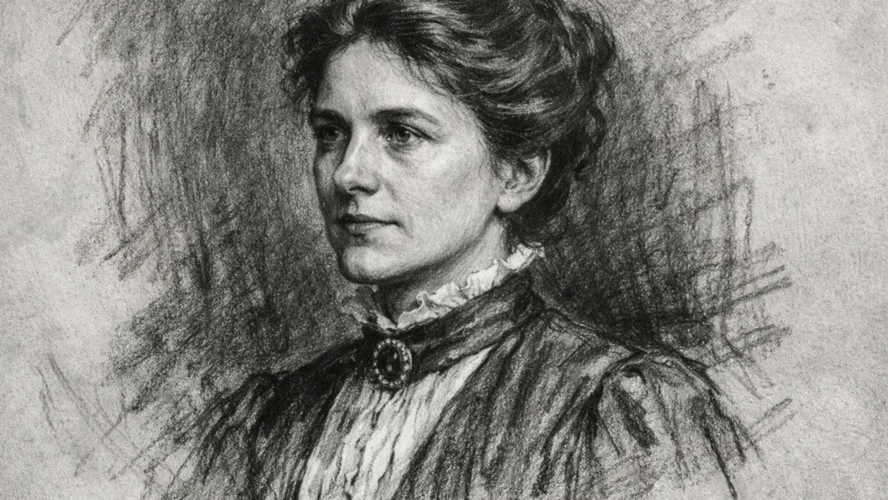 Portret Henriette Swan Leavitt u ugalj stilu, crno-bijeli portret znanstvenice s izražajnim linijama i visokim kontrastom