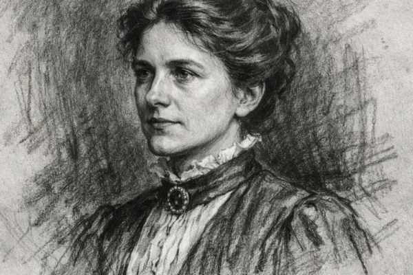 Portret Henriette Swan Leavitt u ugalj stilu, crno-bijeli portret znanstvenice s izražajnim linijama i visokim kontrastom