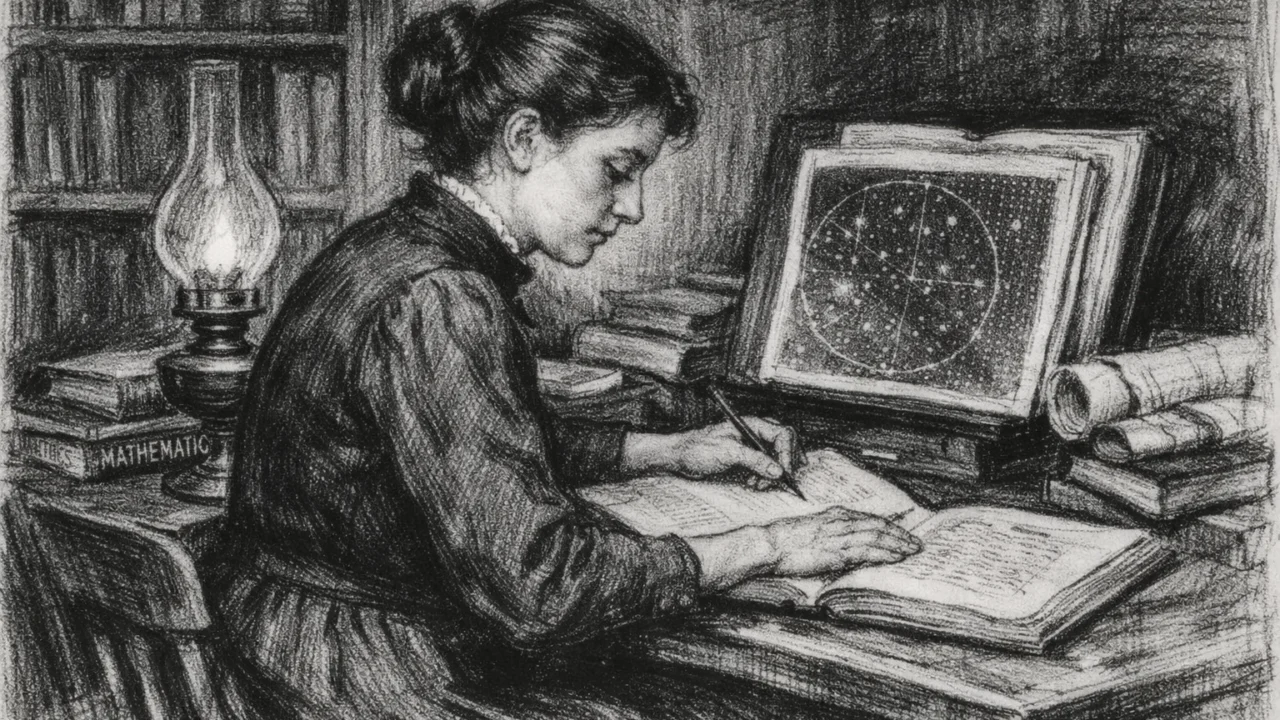 Henrietta Swan Leavitt tijekom studentskih dana na Radcliffe Collegeu u ugalj stilu, okružena knjigama i znanstvenim bilješkama