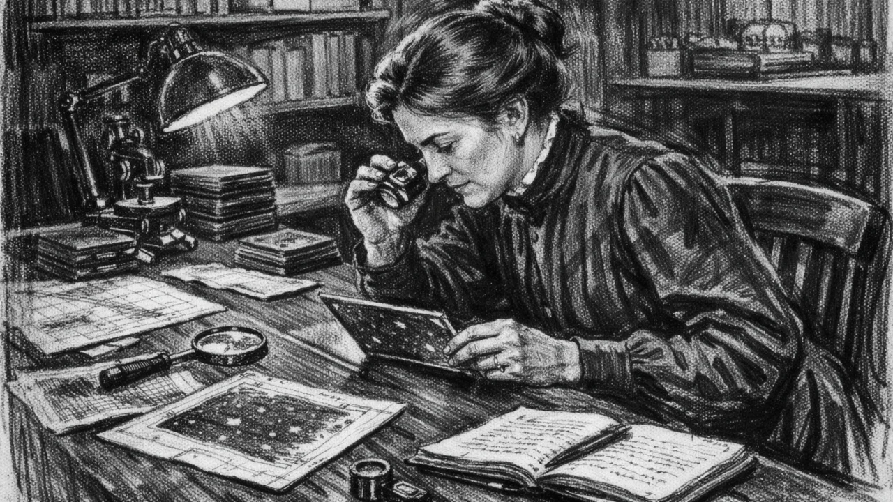 Henrietta Swan Leavitt u Harvard College Observatoryju kako proučava fotografske ploče zvijezda, prikazano u ugalj stilu