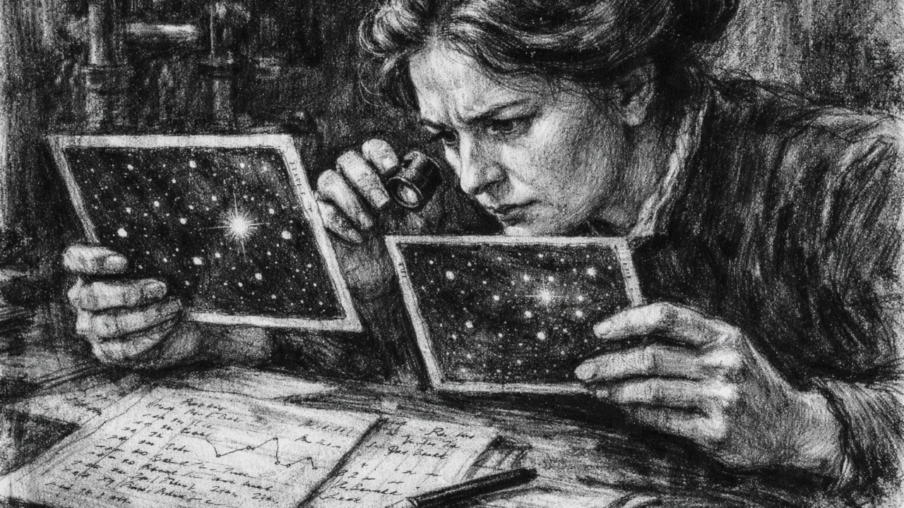 Prizor Henriette Swan Leavitt kako uspoređuje varijabilne zvijezde na pločama, nacrtano u ugalj stilu
