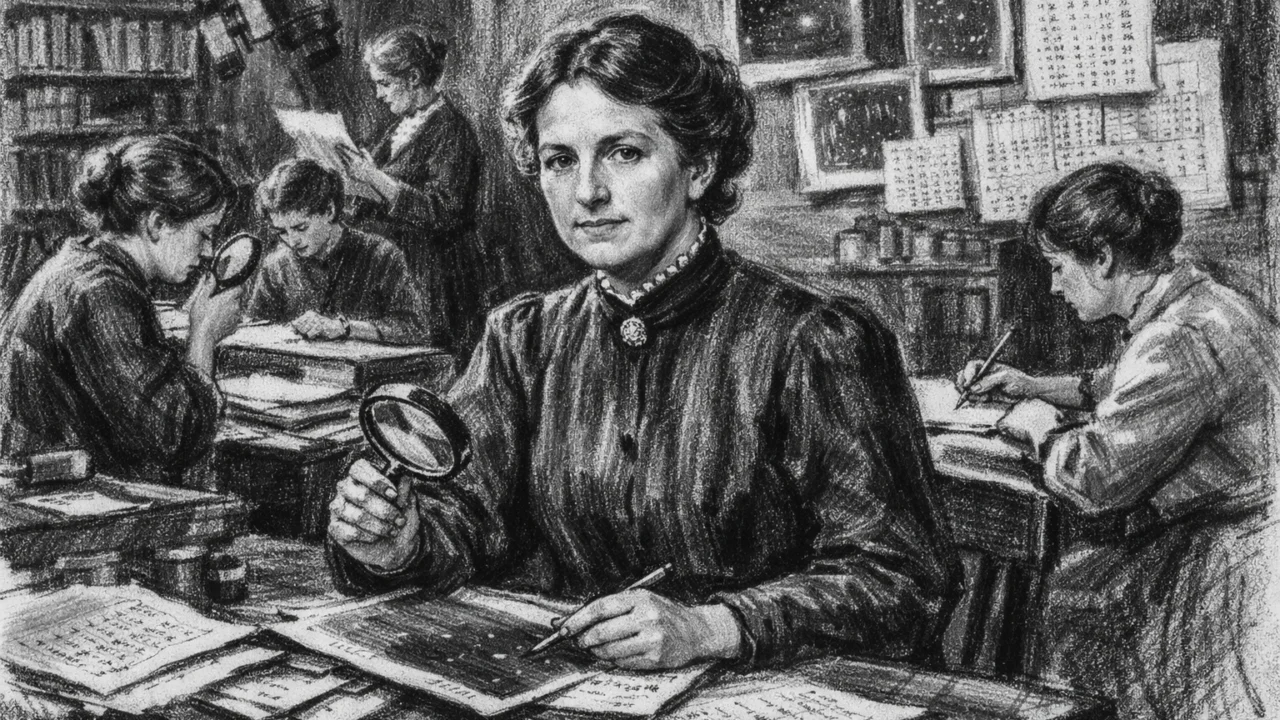 Henrietta Swan Leavitt među Harvardovim ‘računarkama’ u laboratoriju, kolektivni rad prikazan u ugalj stilu