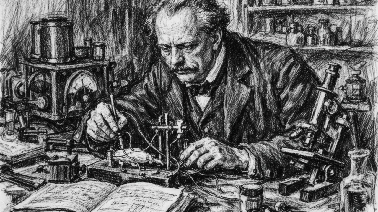 Znanstveni rad Hermanna von Helmholtza u laboratoriju, prikazan u ugalj stil crtežu