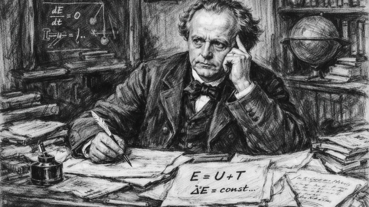 Hermann von Helmholtz dok razmatra zakon očuvanja energije, scena u ugalj stil crtežu