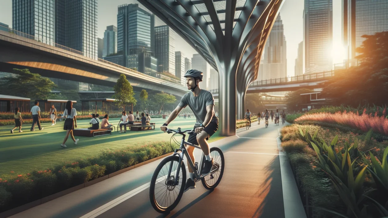 Osoba vozi bicikl kroz gradsku biciklističku stazu uz zalazak sunca