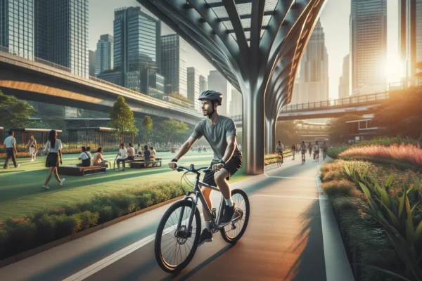 Osoba vozi bicikl kroz gradsku biciklističku stazu uz zalazak sunca