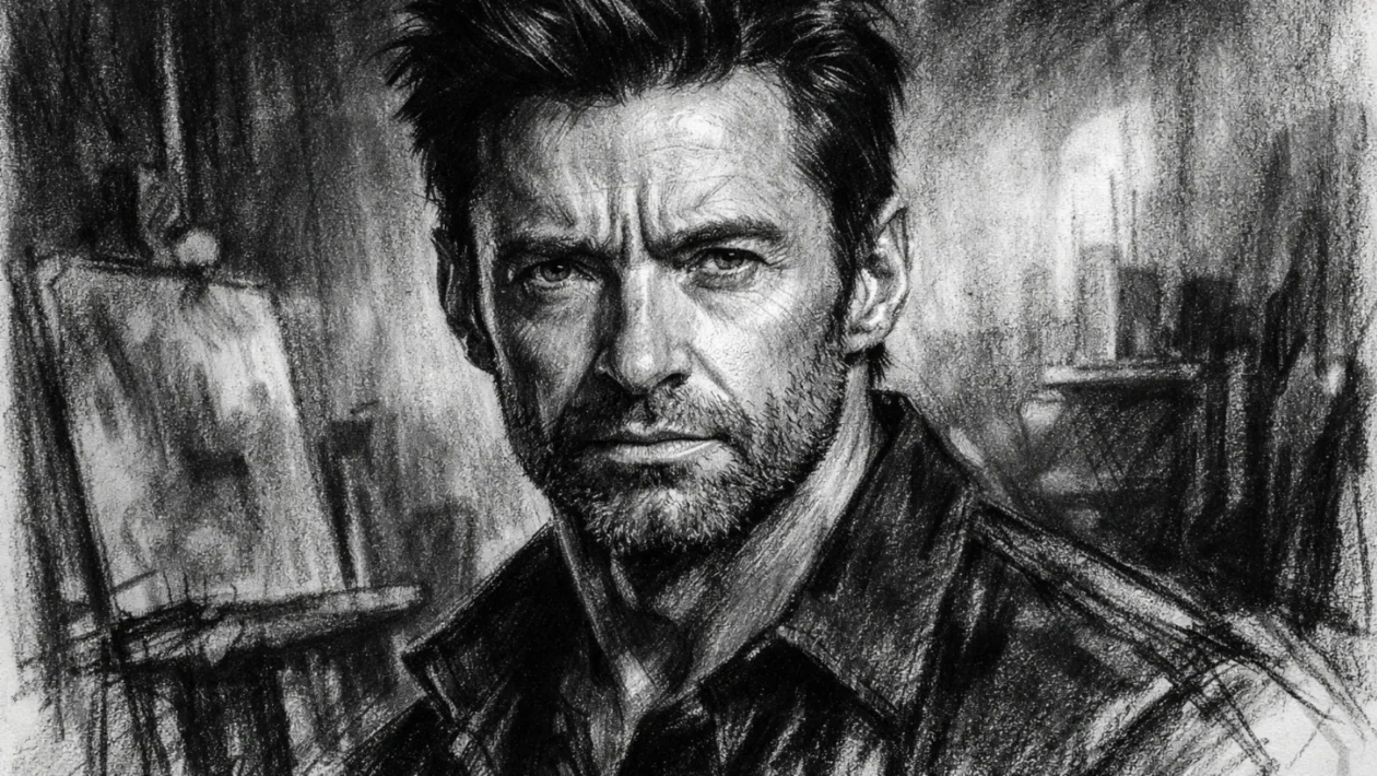 Hero portret Hugha Jackmana u ug​​alj stilu, crno-bijeli portret s izraženim kontrastom i snažnim pogledom