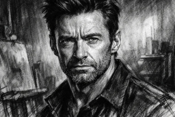 Hero portret Hugha Jackmana u ug​​alj stilu, crno-bijeli portret s izraženim kontrastom i snažnim pogledom