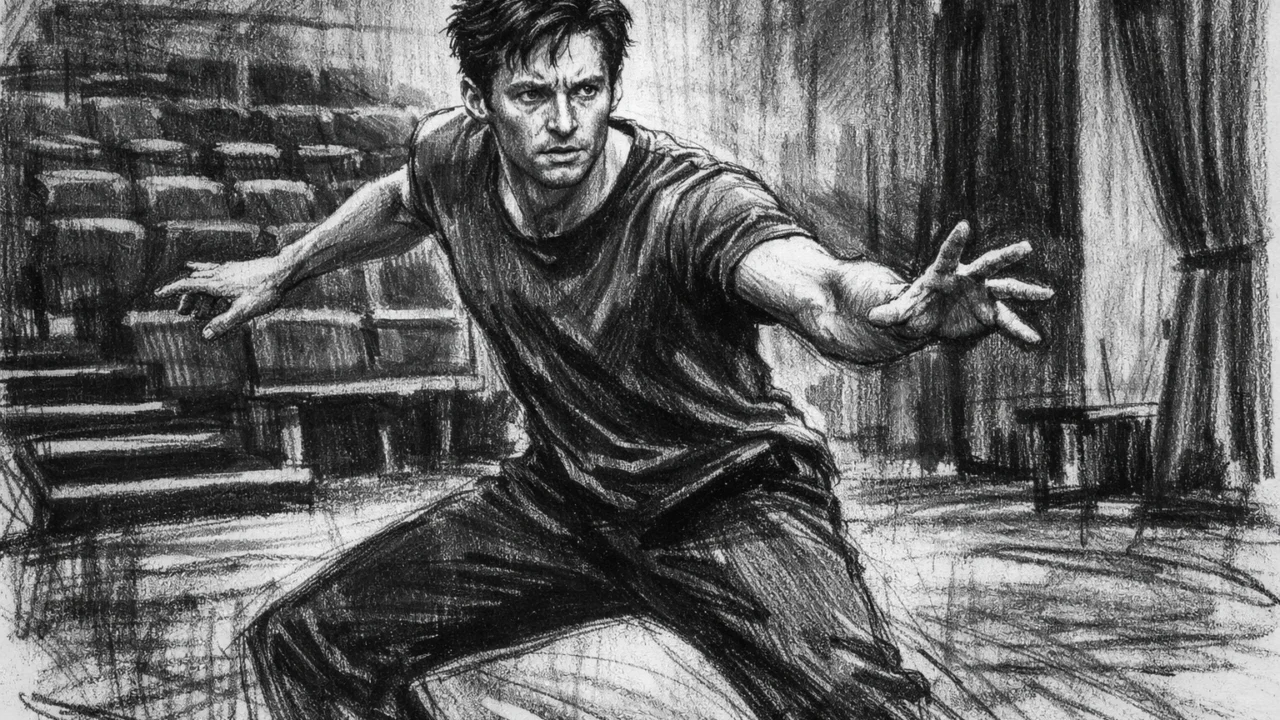 Hugh Jackman kao student glume na akademiji, nacrtan u ugalj stilu