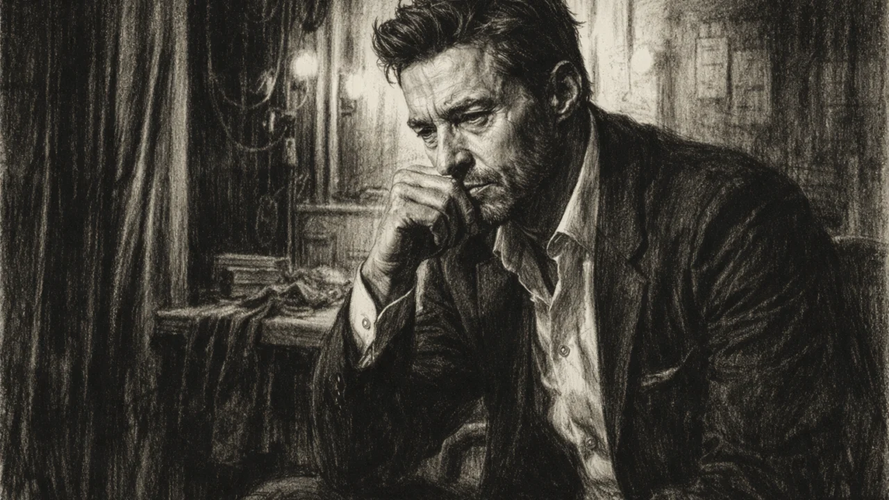 Zamišljeni Hugh Jackman iza pozornice prikazan u ugalj stilu