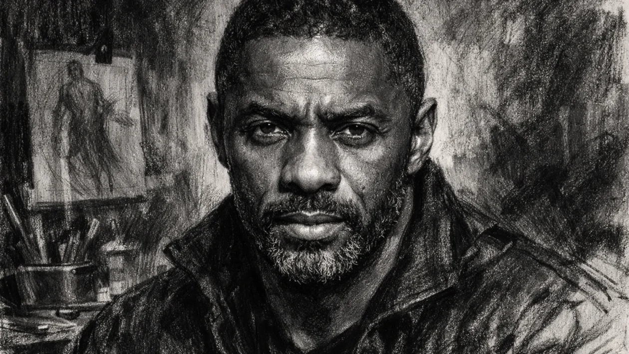 Portret Idrisa Elbe u ugalj stilu, snažan crno-bijeli kontrast i izražajne linije u umjetničkom ambijentu