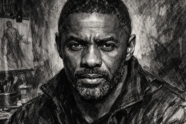 Portret Idrisa Elbe u ugalj stilu, snažan crno-bijeli kontrast i izražajne linije u umjetničkom ambijentu