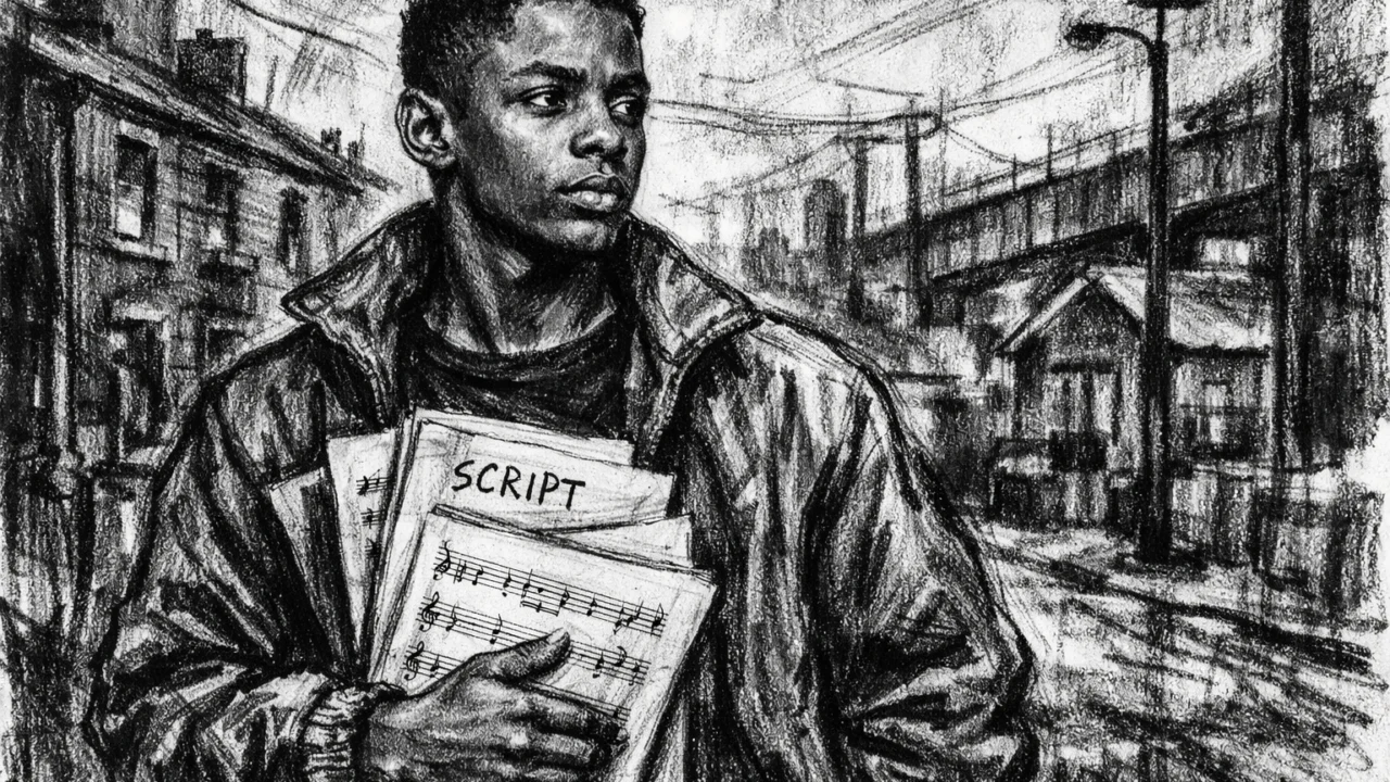 Rani život Idrisa Elbe u istočnom Londonu prikazan u ugalj stilu, crno-bijela scena s urbanim okruženjem